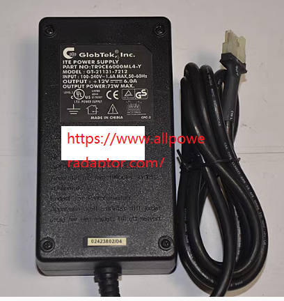 New GlobTek, lnc. 12V 6A GT-21131-7212 TR9CE6000ML4-Y ITE POWER SUPPLY